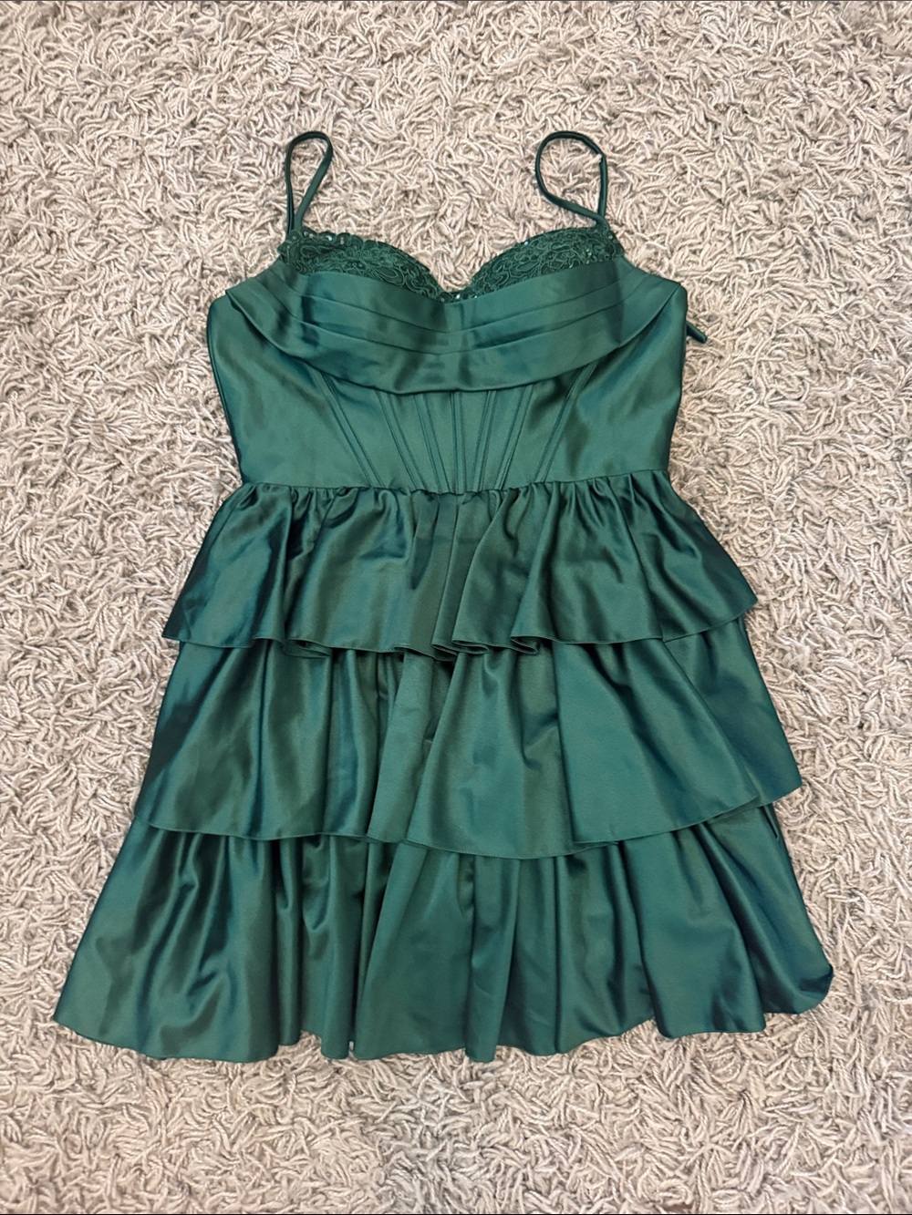 Emerald Green Satin Tiered Mini Dress
